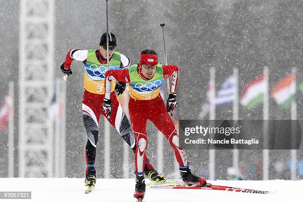 Winter Olympics: Austria Felix Gottwald and USA Johnny Spillane in action during Men's Team 4x5K Relay at Whistler Olympic Park. Gottwald won gold....