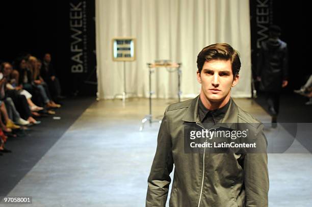 Model displays a design by Hermanos Estebecorena during the second day of Buenos Aires Fashion Week on February 25, 2010 in Buenos Aires, Argentina.