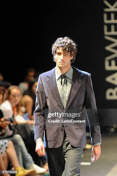 Model displays a design by Hermanos Estebecorena during the second day of Buenos Aires Fashion Week on February 25, 2010 in Buenos Aires, Argentina.