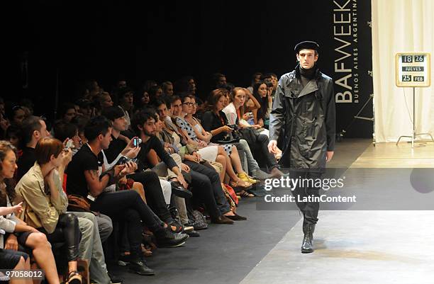 Model displays a design by Hermanos Estebecorena during the second day of Buenos Aires Fashion Week on February 25, 2010 in Buenos Aires, Argentina.