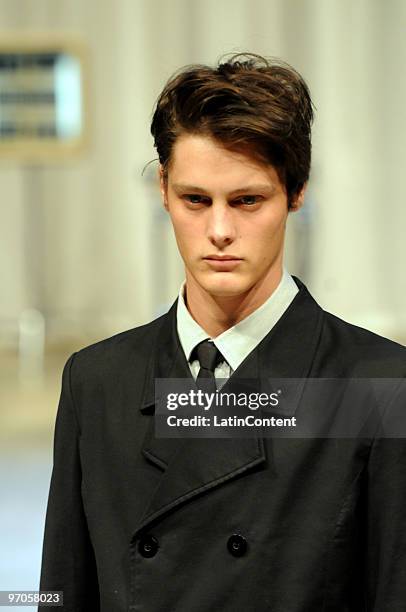 Model displays a design by Hermanos Estebecorena during the second day of Buenos Aires Fashion Week on February 25, 2010 in Buenos Aires, Argentina.