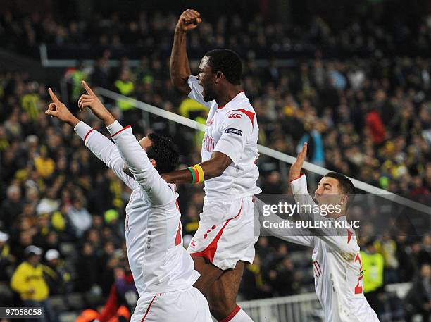 Lille's players celebrate their goal against Fenerbahce during their UEFA Europa League football match at Sukru Saracoglu stadium in Istanbul on...