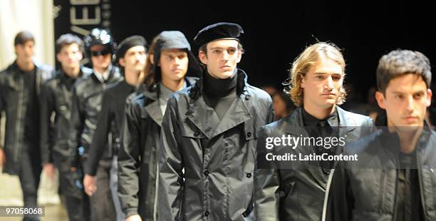 Models display designs by Hermanos Estebecorena during the second day of Buenos Aires Fashion Week on February 25, 2010 in Buenos Aires, Argentina.