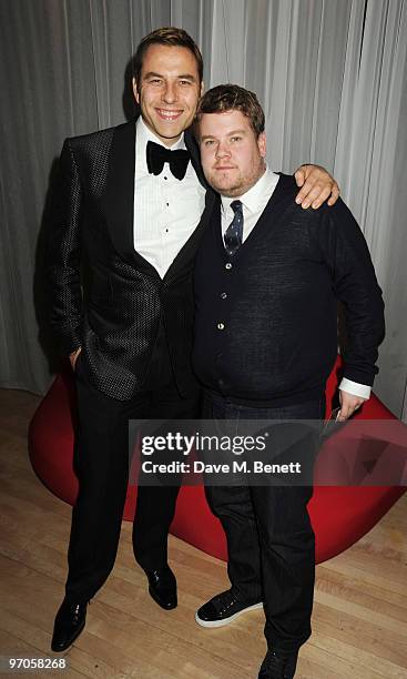 David Walliams and James Corden attend the afterparty following the Royal World Premiere of 'Alice In Wonderland', at The Sanderson Hotel on February...