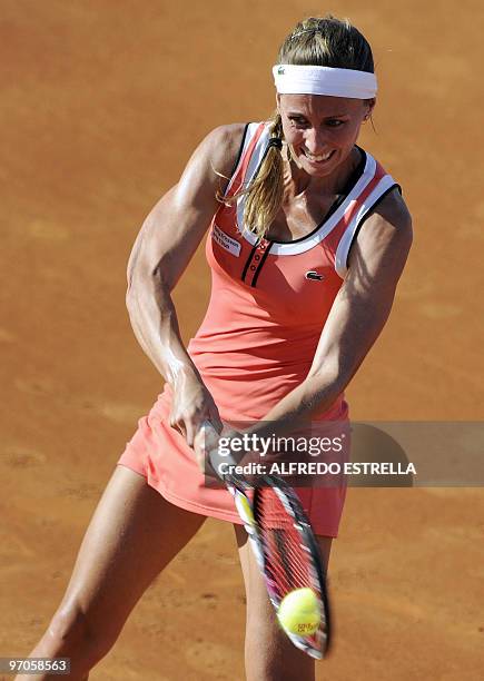 Argentinian tennis player Gisal Dulko returns the ball to Spanish tennis player Carla Suarez, during the fourth day of the WTA Open in Acapulco,...