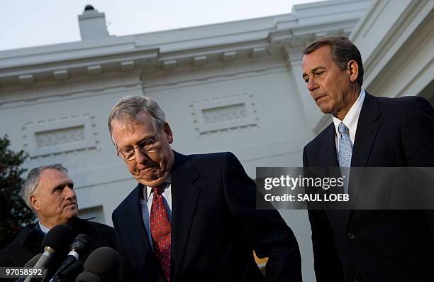 Republican leadership including Senate Minority Leader Mitch McConnell , House Minority Leader John Boehner and Senate Minority Whip Jon Kyl speak to...