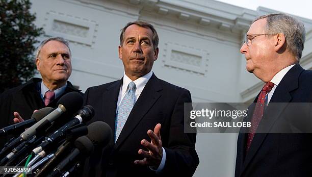 Republican leadership including Senate Minority Leader Mitch McConnell , House Minority Leader John Boehner and Senate Minority Whip Jon Kyl speak to...