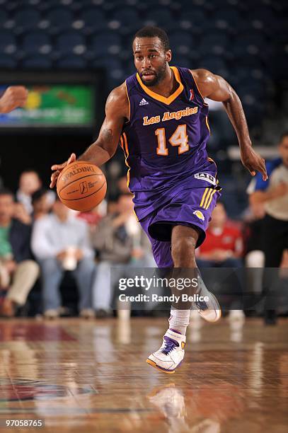 Joe Crawford of the Los Angeles D-Fenders drives the ball up court during the NBA D-League game against the Rio Grande Valley Vipers at the Dodge...