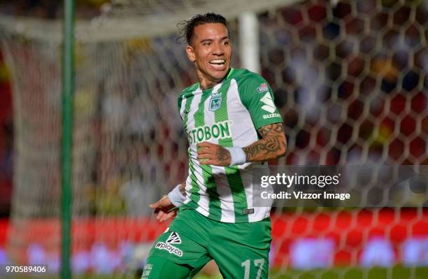 Dayro Moreno of Atletico Nacional celebrates after scoring the first goal of his team during the first leg match bewteen Deportes Tolima and Atletico...