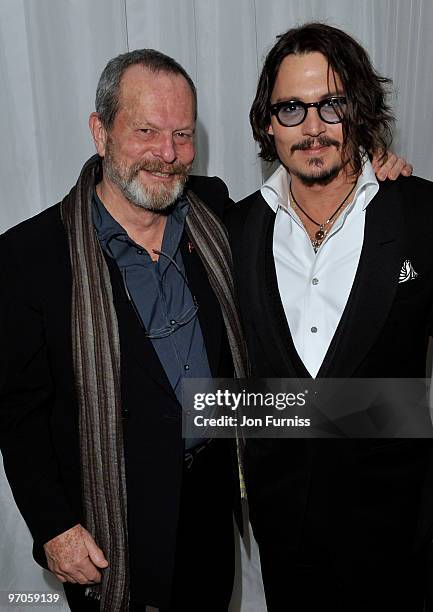 Director Terry Gilliam andaActor Johnny Depp attends the Tim Burton's 'Alice In Wonderland' afterparty at the Sanderson Hotel on February 25, 2010 in...