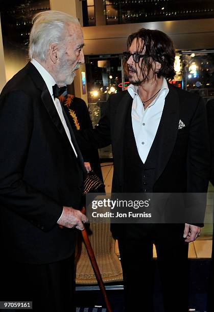 Actors Sir Christopher Lee and Johnny Depp attend the Royal World Premiere of Tim Burton's 'Alice In Wonderland' at the Odeon Leicester Square on...