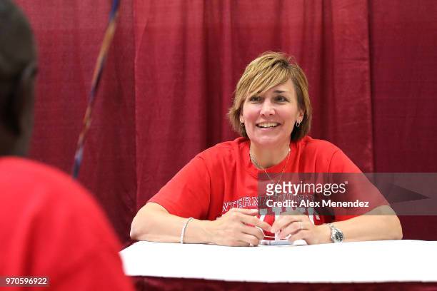 World champion boxer Christy Martin signs autographs during the boxing card show at the International Boxing Hall of Fame for the Weekend of...