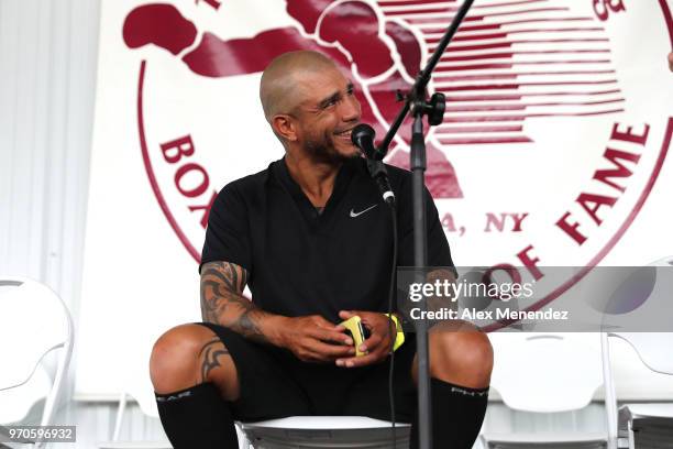 World Champion boxer Miguel Cotto speaks at the International Boxing Hall of Fame for the Weekend of Champions ringside lecture session on June 9,...