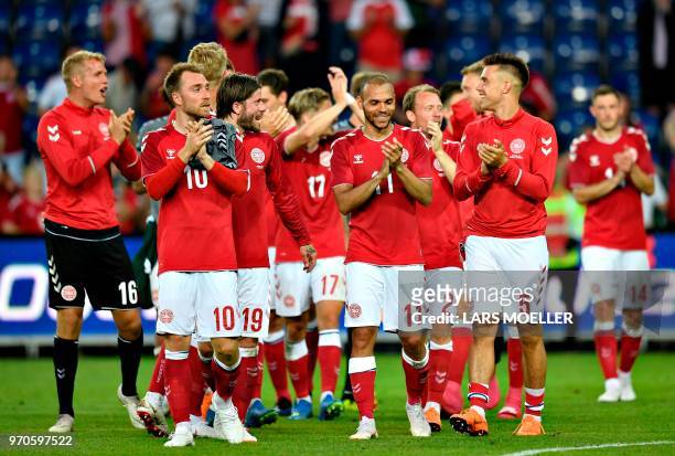 Danish players celebrate after defeating Mexico 2-0 in the international friendly footbal match Denmark vs Mexico in Brondby, on June 9, 2018. /...