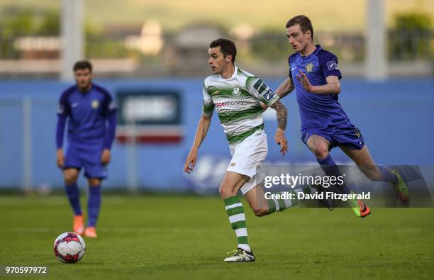 Dublin , Ireland - 9 June 2018; Justin Coustrain of Shamrock Rovers in action against Daniel Kelly of Bray Wanderers during the SSE Airtricity League...