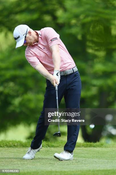 Anders Albertson hits his tee shot on the third hole during the third round of the Rust-Oleum Championship at the Ivanhoe Club on June 9, 2018 in...