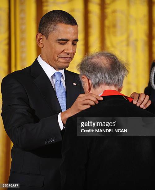 President Barack Obama presents the 2009 National Humanities Medal to Elie Wiesel during a ceremony February 25, 2010 in the East Room of the White...