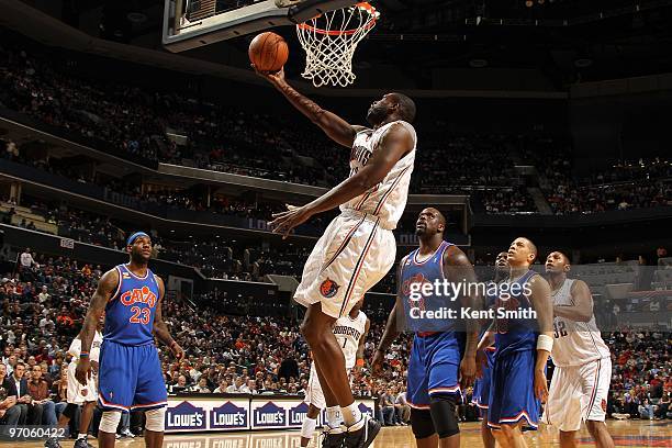 Nazr Mohammed of the Charlotte Bobcats goes to the basket against the Cleveland Cavaliers during the game on February 19, 2010 at Time Warner Cable...