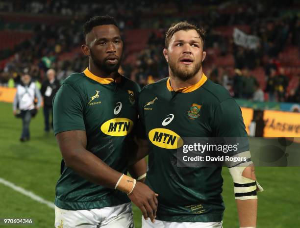 Siya Kolisi, the first non white South Africa Springbok captain celebrates with team mate Duane Vermeulen after their victory during the first test...