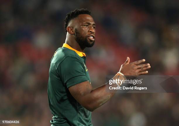 Siya Kolisi, the first non white South Africa Springbok captain issues instructions during the first test match between South Africa and England at...