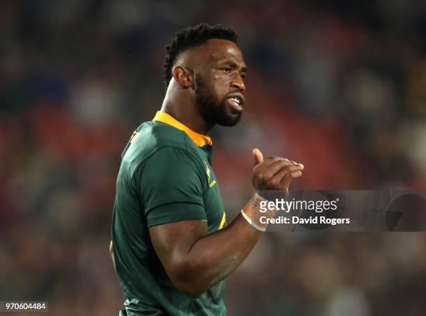 Siya Kolisi, the first non white South Africa Springbok captain issues instructions during the first test match between South Africa and England at...