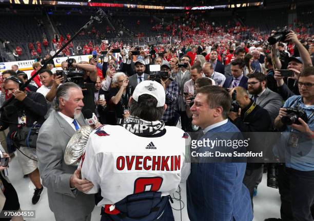 Alex Ovechkin of the Washington Capitals is interviewed on the ice by Barry Melrose and Steve Levy from ESPN after the Capitals defeated the Vegas...