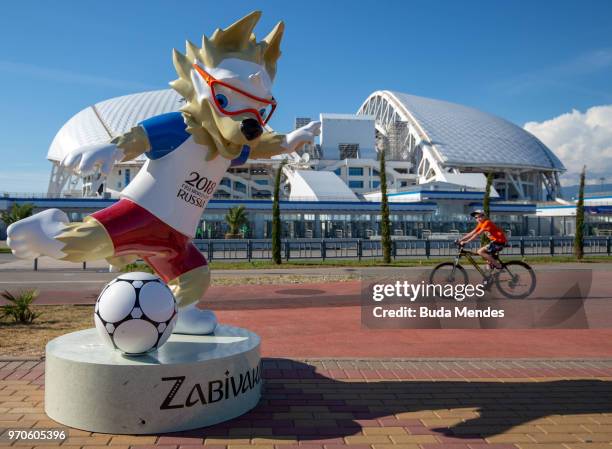 General view of the Fisht Stadium and the statue of Zabivaka the Wolf, the official mascot of the 2018 FIFA World Cup prior to the start of the FIFA...