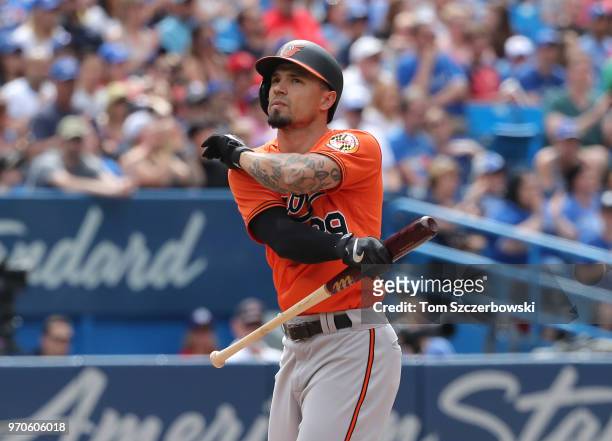 Jace Peterson of the Baltimore Orioles reacts after striking out to end the top of the eighth inning during MLB game action against the Toronto Blue...