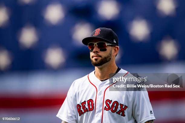 Blake Swihart of the Boston Red Sox looks on before a game against the Chicago White Sox on June 9, 2018 at Fenway Park in Boston, Massachusetts.