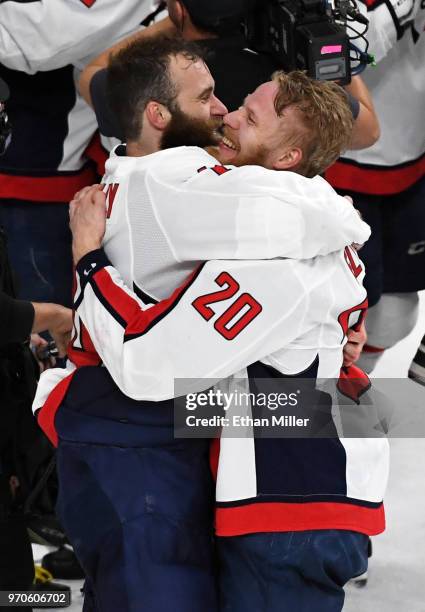 Brett Connolly and Lars Eller of the Washington Capitals celebrate their 4-3 victory over the Vegas Golden Knights to win the Stanley Cup in Game...