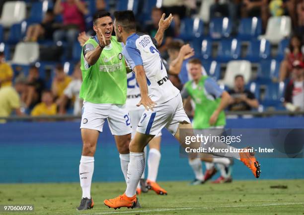 Matteo Rover of FC Internazionale celebrates his goal with his team-mate Gabriele Zappa during the Serie A Primavera Playoff Final match between FC...