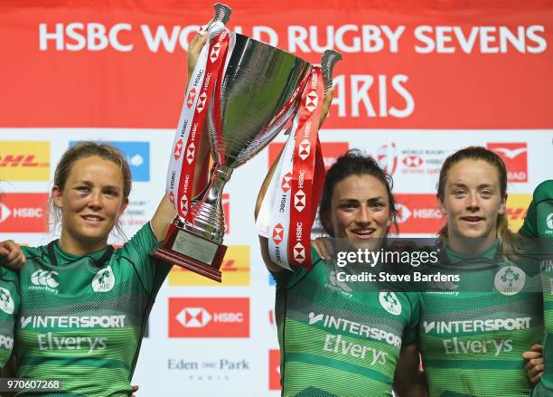 The Irish players celebrate with the trophy after their victory in the Women's Trophy Final between Ireland and Russia during the HSBC Paris Sevens...