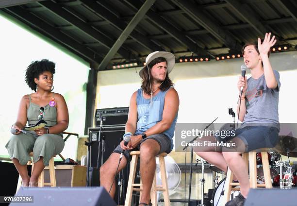 Panelists speak onstage during Music & Connection: Common Ground in Experiences, Music and Community at Solar Stage during day 3 of the 2018 Bonnaroo...