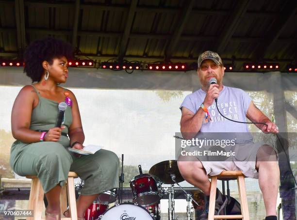 Panelists speak onstage during Music & Connection: Common Ground in Experiences, Music and Community at Solar Stage during day 3 of the 2018 Bonnaroo...