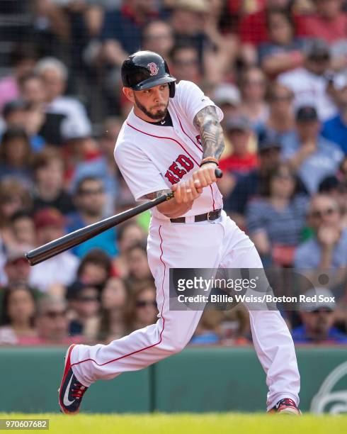Blake Swihart of the Boston Red Sox bats during the fourth inning of a game against the Chicago White Sox on June 9, 2018 at Fenway Park in Boston,...