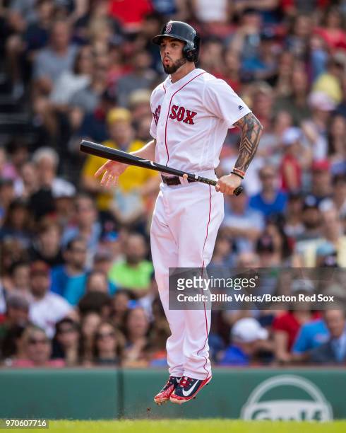 Blake Swihart of the Boston Red Sox reacts after striking out during the fourth inning of a game against the Chicago White Sox on June 9, 2018 at...