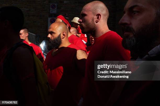 Players of the Santa Maria Novella Team prepare before the semi-final of The Calcio Storico Fiorentino between the Mixed Team at Piazza Santa Croce...