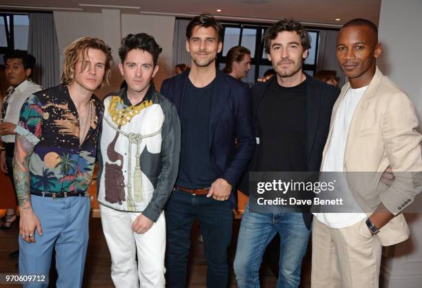 Dougie Poynter, Daniel W. Fletcher, Johannes Huebl, Robert Konjic and Eric Underwood attend the London Fashion Week Men's cocktail party with DANIEL...