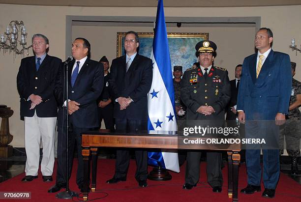 Honduran President Porfirio Lobo , answers questions to the press after Honduran general Carlos Cuellar swore in as Chief of Staff of the Honduran...