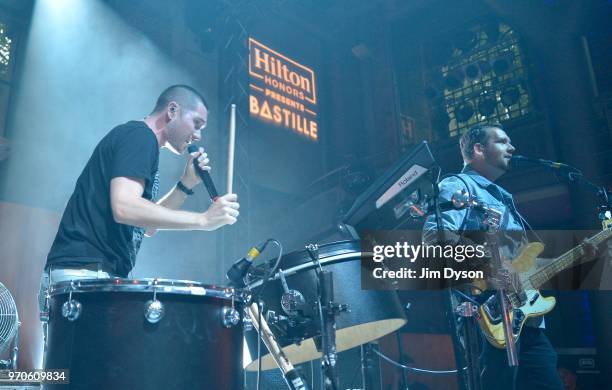 Dan Smith and bassist Will Farquarson performs during BRIT Award-winning rock band Bastille's performance exclusively for Hilton Honors members at...