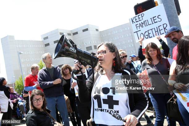 Activist Maru Mora Villalpando leads a protest and march outside a Federal Detention Center holding migrant women on June 9, 2018 in SeaTac,...