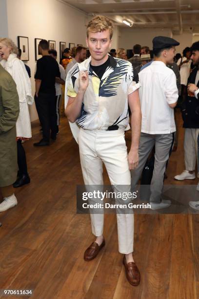 Fletcher Cowan attends as Vogue Hommes Presents GarconJon 10 Years Of Street Style at 13 Floral Street on June 9, 2018 in London, England.