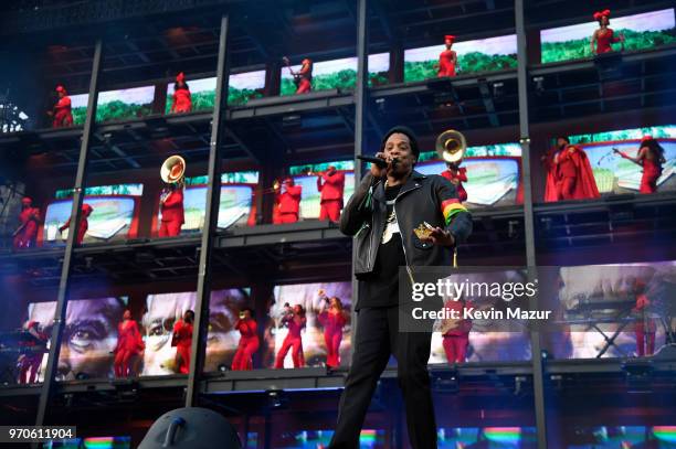 Jay-Z performs on stage during the "On the Run II" Tour with Beyonce at Hampden Park on June 9, 2018 in Glasgow, Scotland.