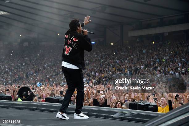 Jay-Z performs on stage during the "On the Run II" Tour with Beyonce at Hampden Park on June 9, 2018 in Glasgow, Scotland.