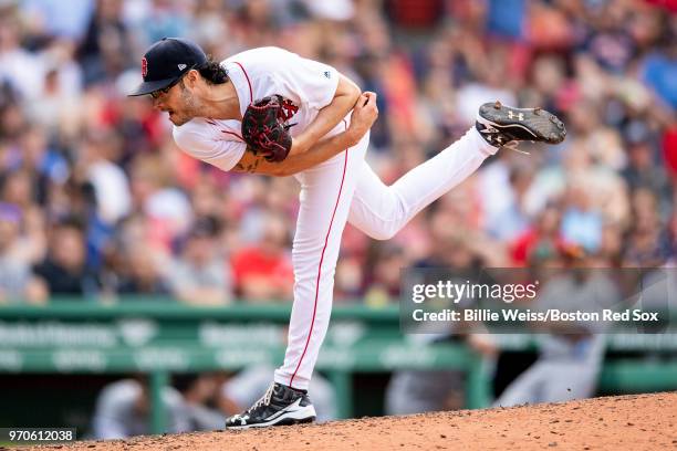 Joe Kelly of the Boston Red Sox delivers during the seventh inning of a game against the Chicago White Sox on June 9, 2018 at Fenway Park in Boston,...