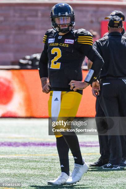 Look on Hamilton Tiger Cats Quaterback Johnny Manziel at warm-up before the Hamilton Tiger-Cats versus the Montreal Alouettes preseason game on June...