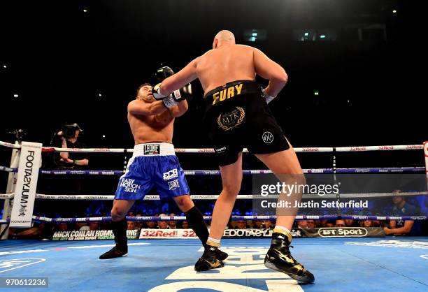 Tyson Fury takes on Sefer Seferi during there heavyweight contest at Manchester Arena on June 9, 2018 in Manchester, England.