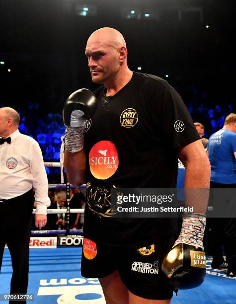 Tyson Fury celebrates victory over Sefer Seferi after there heavyweight contest at Manchester Arena on June 9, 2018 in Manchester, England.