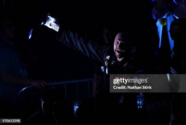 Tyson Fury makes his way to the ring prior to fighting Sefer Seferi before there heavyweight contest at Manchester Arena on June 9, 2018 in...