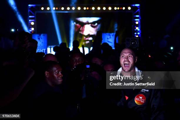 Tyson Fury makes his way to the ring prior to fighting Sefer Seferi before there heavyweight contest at Manchester Arena on June 9, 2018 in...